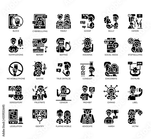 Set of cyberbulling thin line and pixel perfect icons for any web and app project.