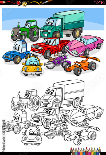 cartoon cars and vehicles coloring book page