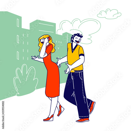 Sexual Harassment Concept. Pretty Young Woman In sexual Red Dress Talking by Smartphone, Grinning Male Character with Lustful Face Trying to Touch Girl Buttocks. Linear People Vector Illustration photo