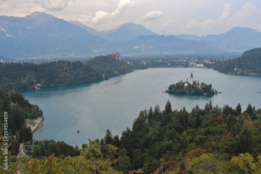 Stunning panorama,beautiful clouds and Bled lake,Slovenia,Europe
