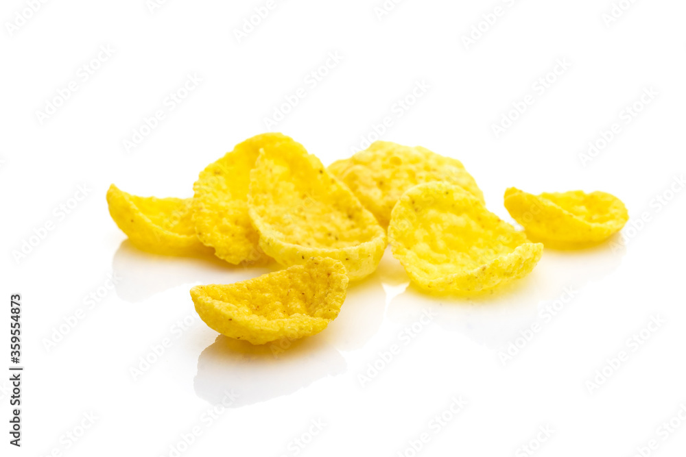 Isolated corn flakes on white. Snack Cereal yellow Healthy Cornflakes - Superfood background. Vegan gluten-free organic, healthy diet vegetarian superfood with antioxidant, mineral nutrients. Isolated corn flakes on white. Snack Cereal yellow Healthy Cornflakes - Superfood background. Vegan gluten-free organic, healthy diet vegetarian superfood with antioxidant, mineral nutrients.