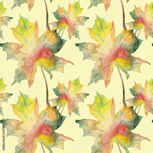 Seamless pattern with autumn leaves. Handdrawn watercolor illustration.