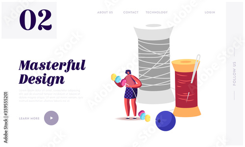Creative Craft, Handmade Hobby Landing Page Template. Tiny Female Character String Huge Colorful Beads on Thread Stand at Pools with Needle. Woman Making Bijouterie. Cartoon Vector Illustration