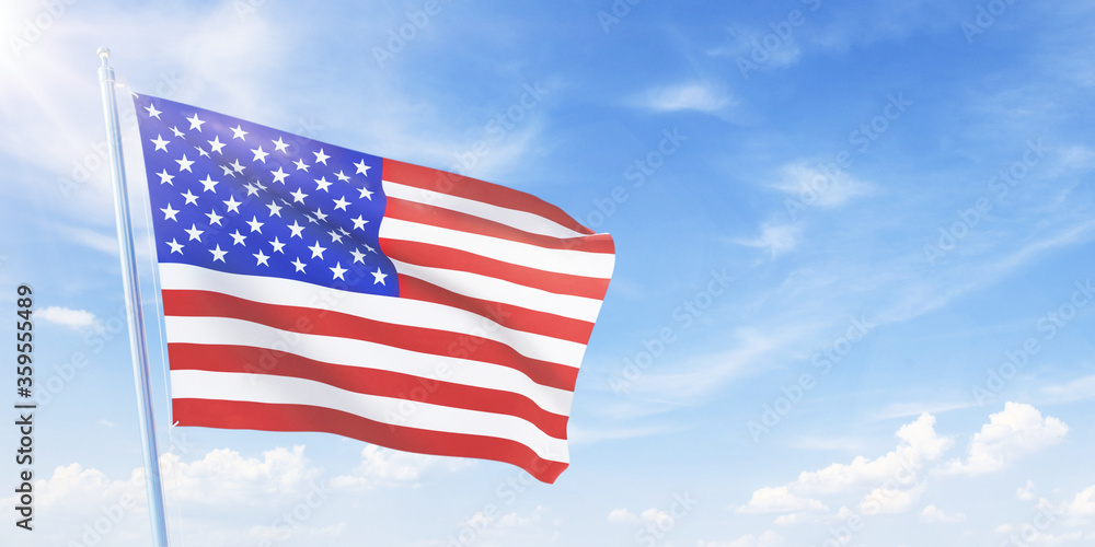 American flag on a flagpole waving in blue cloudy sky. USA concept 3D rendering