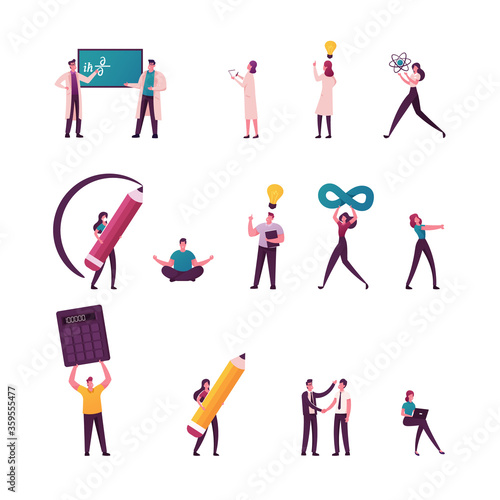 Set of Male and Female Characters Shaking Hands, Working on Laptop, Holding Huge Pencil and Calculator, Scientists Research Scientific Investigations, Share Ideas. Cartoon People Vector Illustration