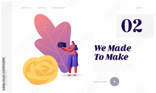 Carving Craft Landing Page Template. Tiny Female Character Make Photo of Fruits and Vegetable Carved Huge Flower. Traditional Thailand Art, Hobby, Creation Food Sculptures. Cartoon Vector Illustration