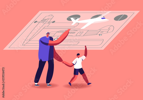 Aircraft Modeling Concept. Tiny Characters Father and Little Son Assembling Airplane Model Use Instruction Scheme, Creative Hobby, Dad and Boy Make Miniature Plane. Cartoon People Vector Illustration