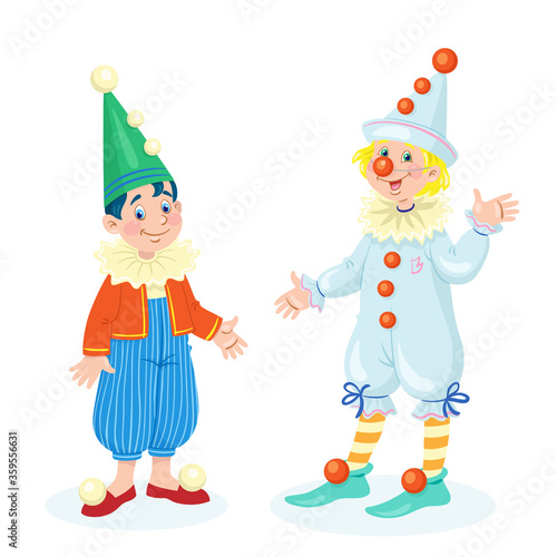 Two cheerful boys in clown costumes. For a school party. In cartoon style. Isolated on white background. Vector flat illustration.