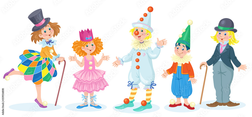 Fototapeta premium Five happy children in carnival costumes. In cartoon style. Isolated on white background. Vector flat illustration.