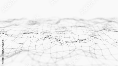 Abstract futuristic white background. Digital dynamic wave. Blockchain technology background. Big data visualization. 3D rendering. © Vadym