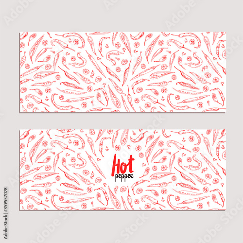 Cards with hand drawn sketch style red chili peppers. Red hot chili pepper label. Vector illustration. 