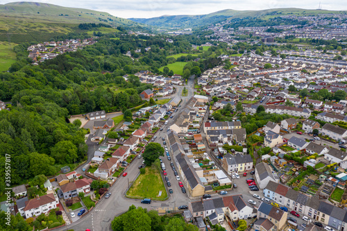 Aerial drone view of a residential area of a small Welsh town surrounded by hills  Ebbw Vale  South Wales  UK 