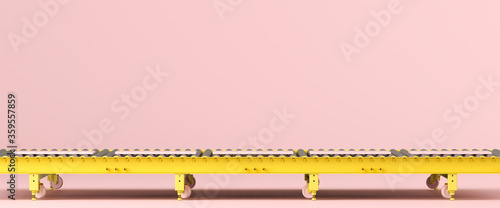 Creative background for product presentation. Yellow roller conveyor on pink background. 3d render illustration. Object isolate clipping path included. photo