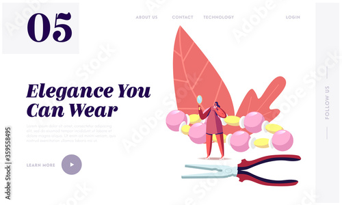 Creative Craft, Handmade Hobby Landing Page Template. Tiny Female Character Try On Necklace Look in Mirror with Huge Beads Bracelet and Pliers. Jewelry Glamour Fashion. Cartoon Vector Illustration