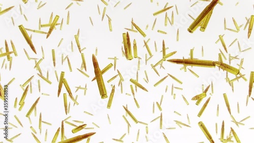 Slow motion looping CG animation of 50mm bullets floating horizontally.