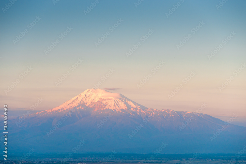 View of snowy Ararat in the morning sun on a sunny summer day