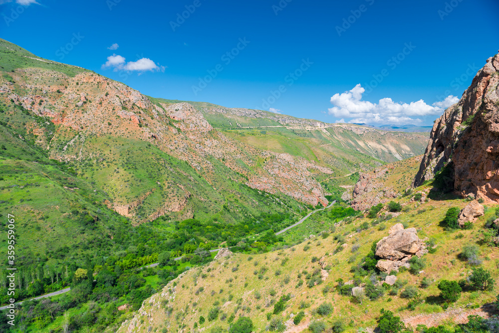 Landscape of Armenia, view of the mountains and gorge at Noravank Monastery, river valley