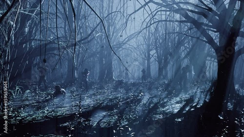 Zombies walk and crawl forward through the misty dark and scary forest. The concept of the zombie-apocalypse. Animation for fantasy, fiction, zombie and apocalypse backgrounds. photo