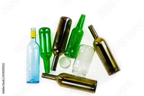 group of glass bottles and jars on white background