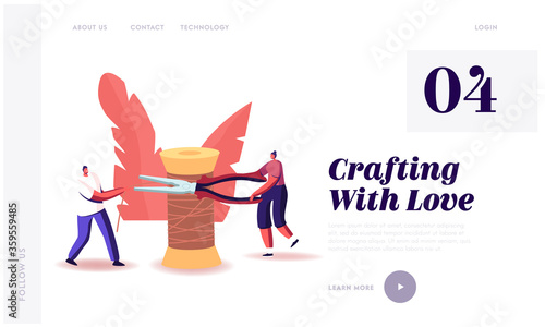 Workshop Class Landing Page Template. Tiny Characters Handmade Hobby or Sewing Activity. Man Holding Thread or Wire, Woman Cut it with Pliers Standing at Huge Spool. Cartoon People Vector Illustration
