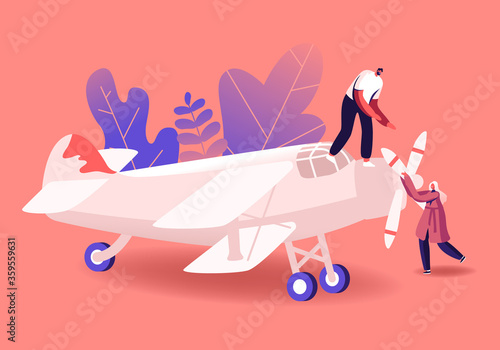 Aircraft Modeling Concept. Tiny Male and Female Characters Assembling Huge Airplane Model, Man and Woman Put Propeller on Plane Fuselage. Creative Hobby Occupation. Cartoon People Vector Illustration