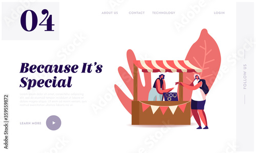 Handmade Craft Landing Page Template. Tourist Female Character Trying Bijouterie on Hand. Woman Seller Stand at Booth Sell Jewelry Made of Colorful Beads and Gems. Cartoon People Vector Illustration