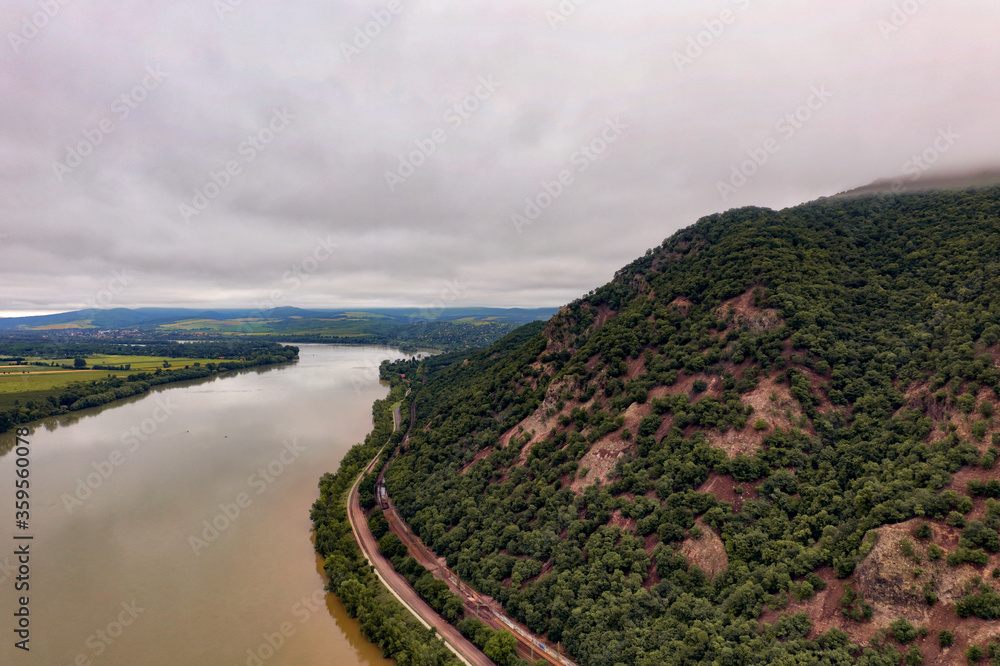 Hungary Danube river with the nature and hills and clouds