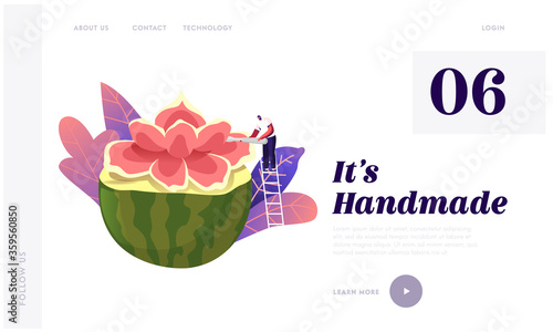 Fruits and Vegetable Carve Craft Landing Page Template. Tiny Male Character Stand on Ladder Carving Flower of Huge Watermelon. Art, Creative Hobby Food Sculpture. Creation. Cartoon Vector Illustration