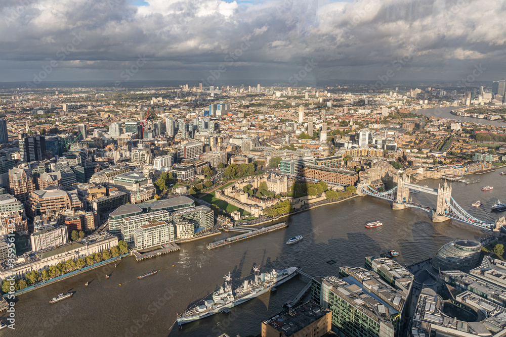 Aerial view across the river Thames on the Tower of London and the Tower Bridge