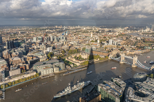 Aerial view across the river Thames on the Tower of London and the Tower Bridge © Peter Vernon Morris
