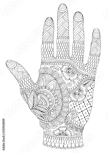 Vector drawn tattooed arm with a flower and weave patterns. Ornamental decorated graphic illustration yoga hand. Design card, print on t-shirt. Pattern Coloring page, mehndi decoration hand