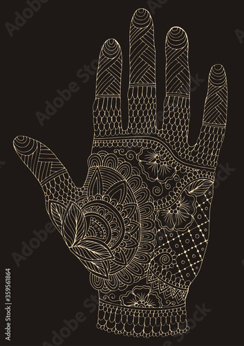 Vector drawn tattooed arm with a flower and weave patterns. Ornamental decorated graphic illustration yoga hand. Design card, print on t-shirt. Pattern with yellow lines mehndi on a brown back