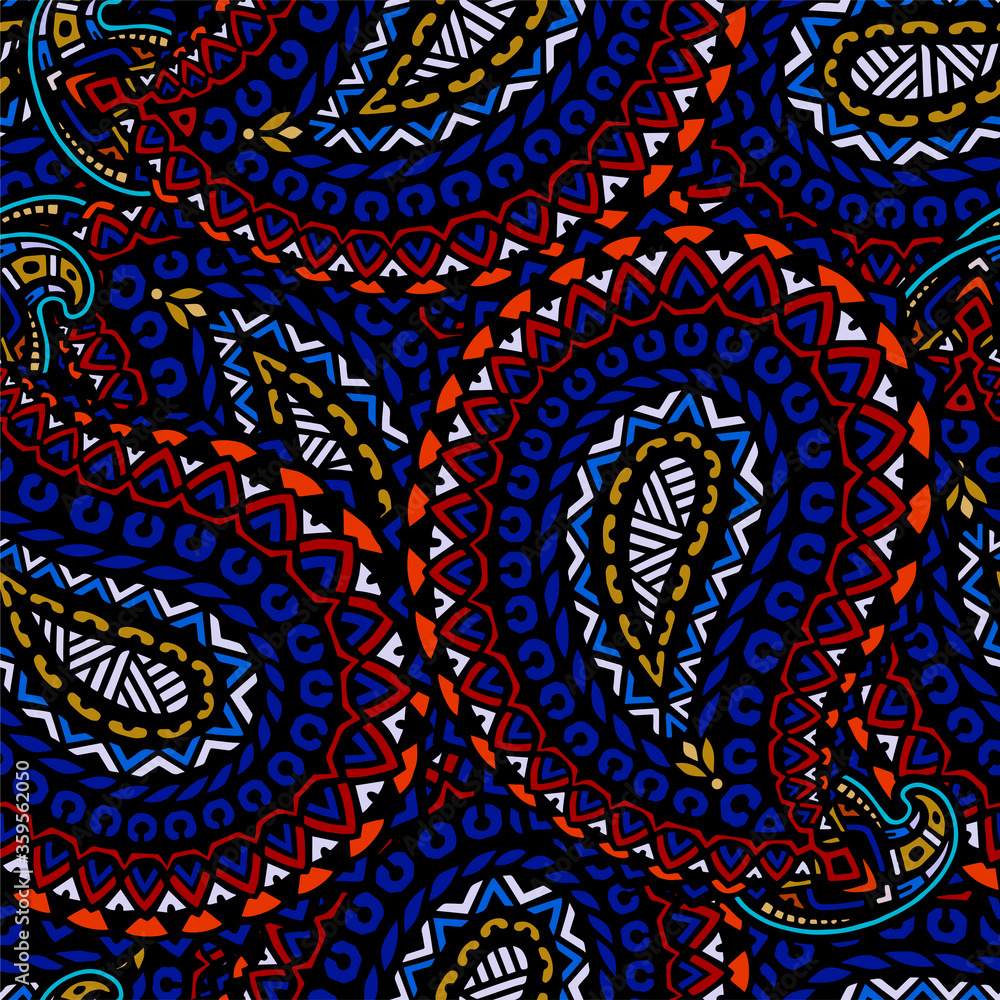 Seamless pattern based on traditional oriental paisley elements, Indian, Turkish, Persian cucumber. Original design. Suitable for textiles, fabrics, wallpapers, wrapping paper.