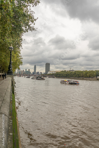View along the river Thames from abreast Palace of Westminster towards Lambeth Bridge