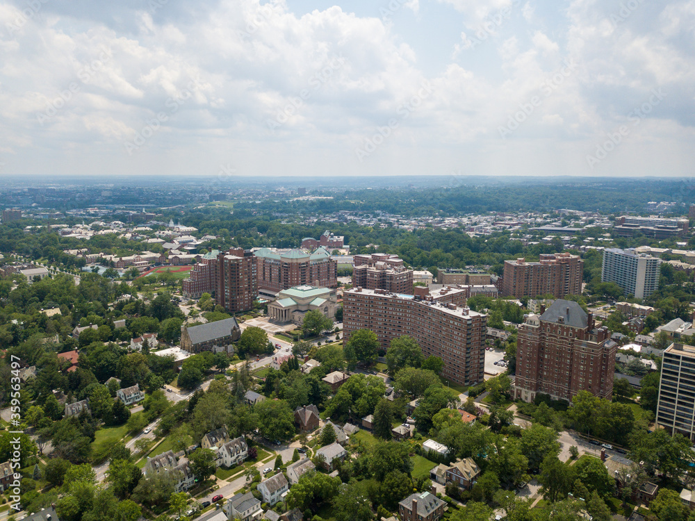 Aerial view of the Guilford and Tuscany-Canterbury neighborhoods in Baltimore, Maryland