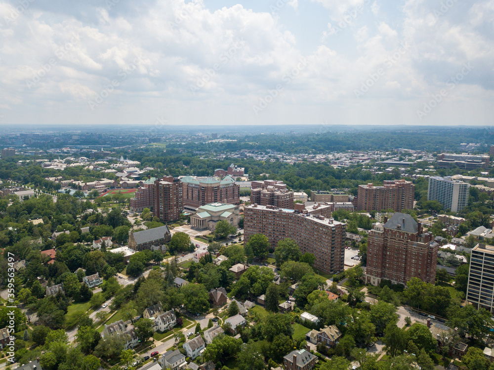 Fototapeta premium Aerial view of the Guilford and Tuscany-Canterbury neighborhoods in Baltimore, Maryland