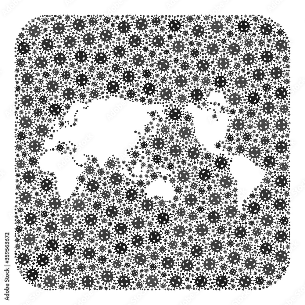 Pandemic virus map of Earth collage designed with rounded square and hole. Vector map of Earth collage of pandemic virus items in variable sizes and gray color tones. Created for clinic agitprop.