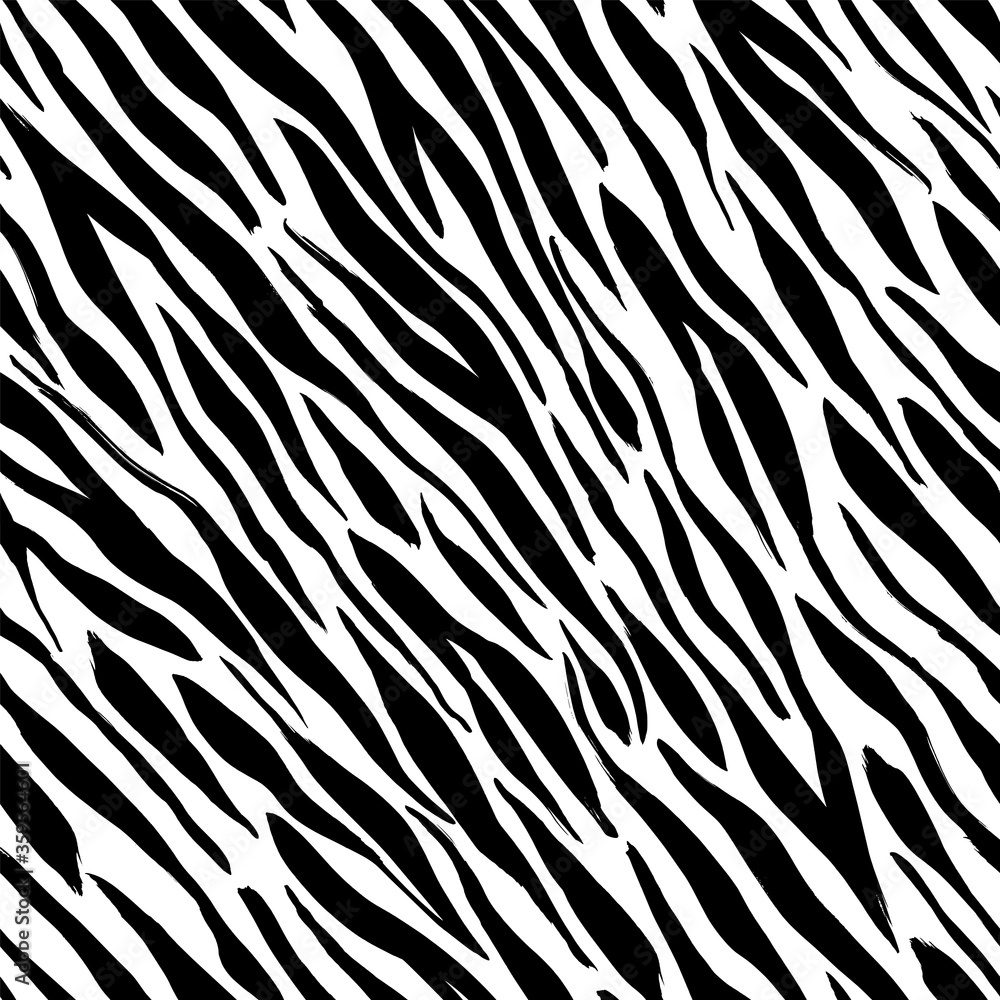 Black zebra print or animal skin, hand drawn seamless pattern. Tiger stripes, line background.
