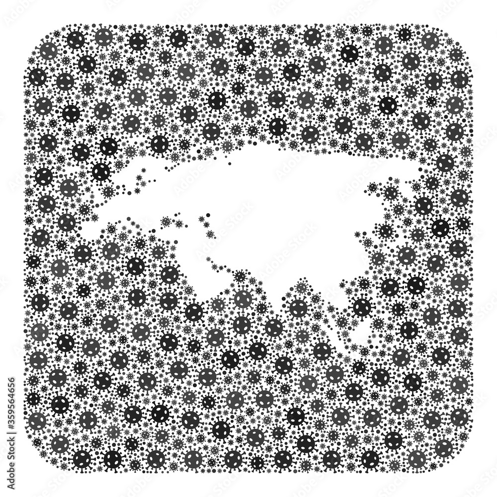 SARS virus map of Europe and Asia mosaic designed with rounded square and carved shape. Vector map of Europe and Asia collage of infection virus particles in variable sizes and gray shades. SARS virus map of Europe and Asia mosaic designed with rounded square and carved shape. Vector map of Europe and Asia collage of infection virus particles in variable sizes and gray shades.