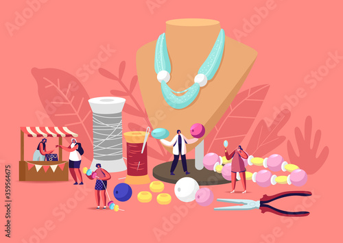 Handmade Craft Concept. Tiny Female Characters Jewelry Designers Create and Sell Bijouterie Necklaces, Earrings, Bracelets Using Colorful Beads and Diy Instruments. Cartoon People Vector Illustration