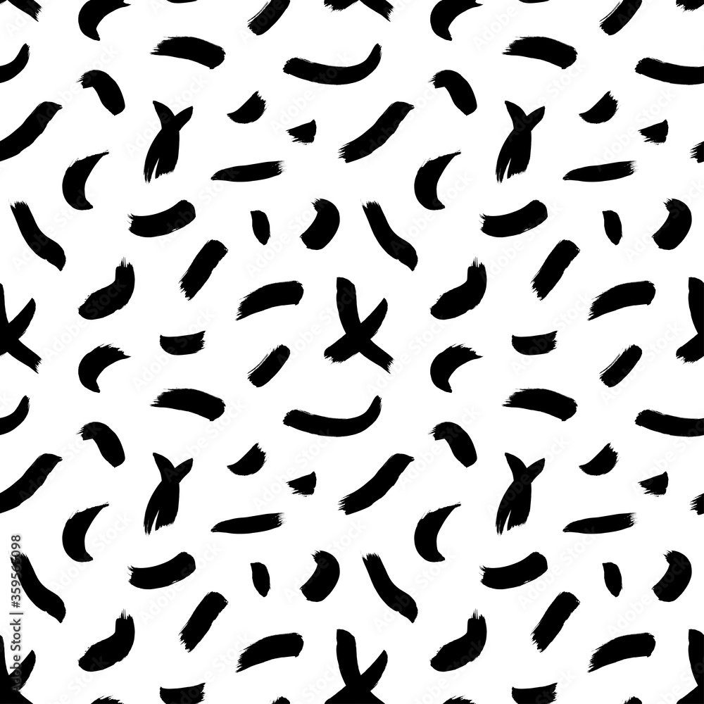 Brush strokes vector seamless pattern. Black paint freehand scribbles, wavy lines, dry brush stroke texture.