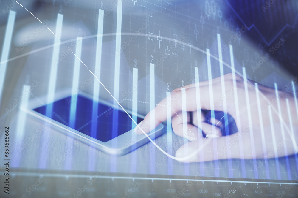 Double exposure of forex chart sketch hologram and woman holding and using a mobile device. Financial market concept. Double exposure of forex chart sketch hologram and woman holding and using a mobile device. Financial market concept.