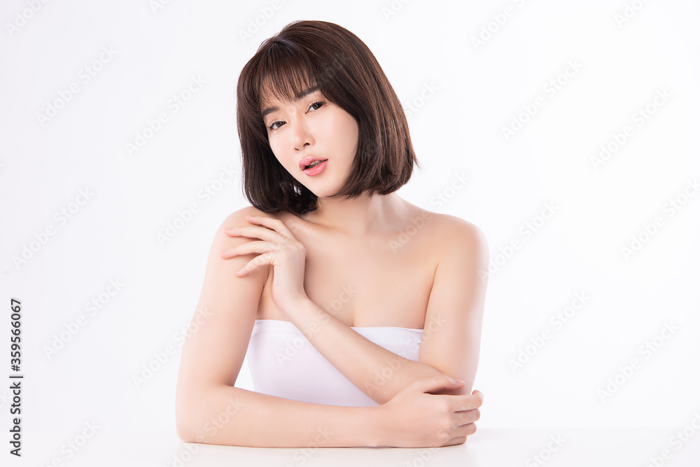 Beautiful Young Asian Woman touching her body with fresh Healthy Skin, isolated on white background, Beauty Cosmetics and Facial treatment Concept. Beautiful Young Asian Woman touching her body with fresh Healthy Skin, isolated on white background, Beauty Cosmetics and Facial treatment Concept.