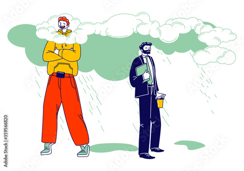 Happy Male Character in Bright Clothing Stand with Head in Clouds, Sad Businessman in Formal Wear Get Wet under Rain. Daydreaming, Creative Imagination or Positivity. Linear People Vector Illustration