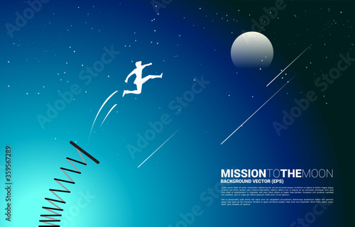Silhouette of businessman jump to the moon with springboard. Concept of boost and growth in business.