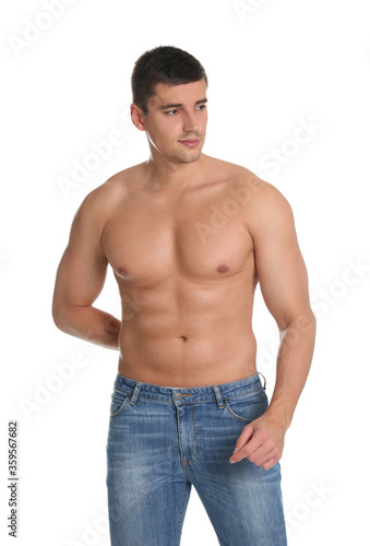 Man with sexy body on white background