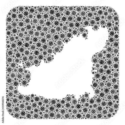 Covid map of Guernsey Island mosaic composed with rounded square and carved shape. Vector map of Guernsey Island mosaic of covid-2019 items in various sizes and grey color tinges.