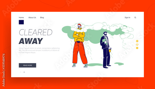 Positivity Landing Page Template. Happy Male Character in Bright Clothing Stand with Head in Clouds, Sad Businessman Get Wet under Rain. Daydreaming, Imagination. Linear People Vector Illustration