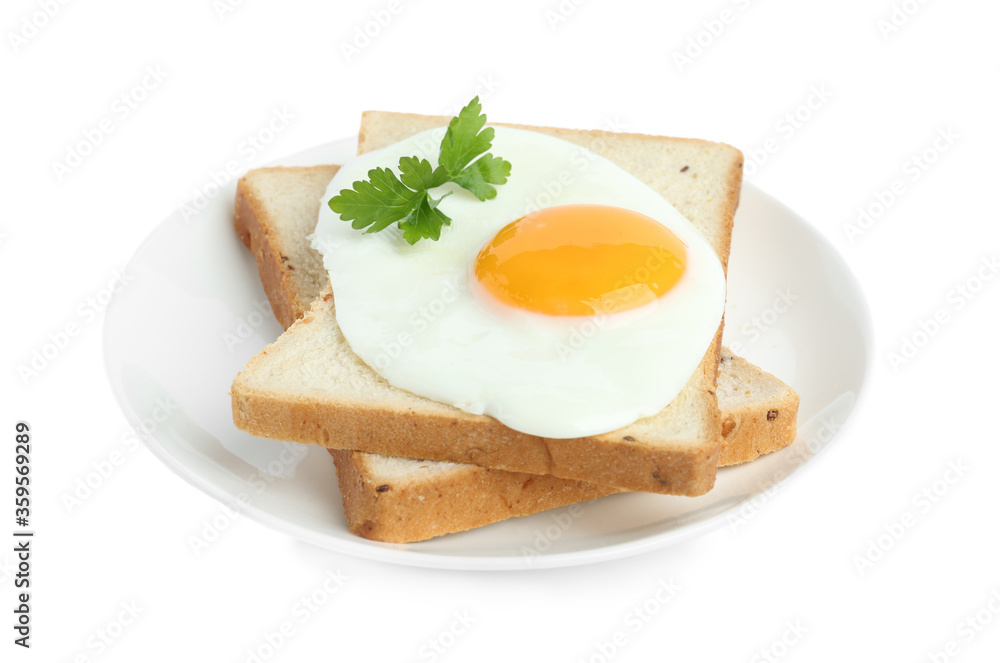 Fototapeta premium Tasty fried chicken egg with bread and parsley isolated on white