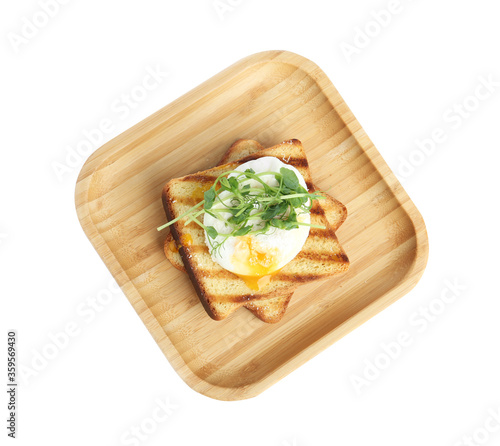 Delicious poached egg with toasted bread and sprouts isolated on white, top view